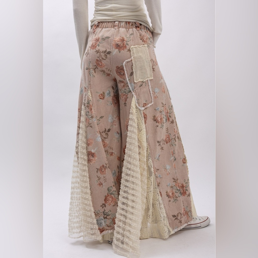 NWT Floral Print Boho Patchwork Lace Panel Ultra Wide Leg Flare Bohemian Pants - Picture 13 of 14